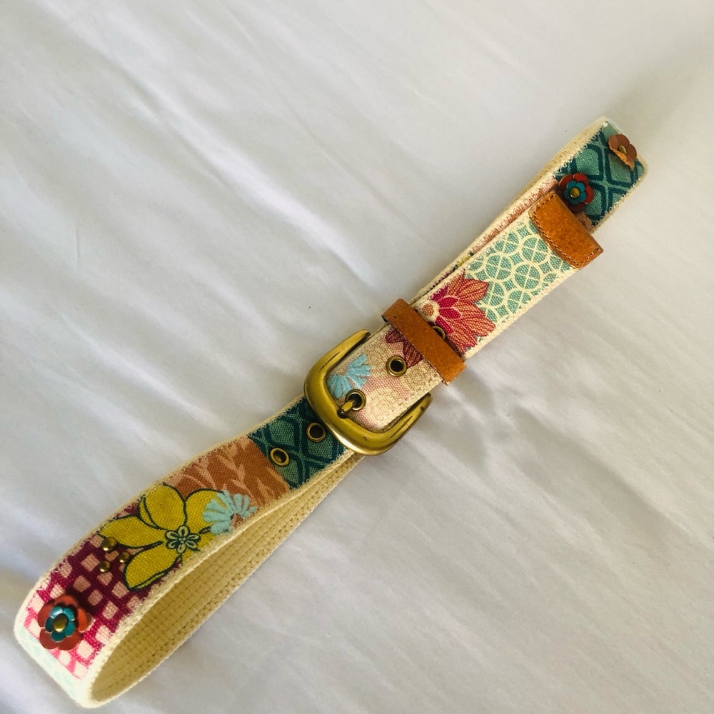 Fossil Floral Canvas Belt with Leather Embellishments